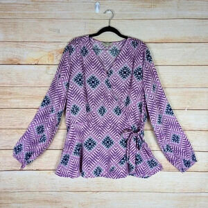 Haute Hippie Size XL Jolie Faux Wrap Blouse Surplice Neck Elastic Waist Purple